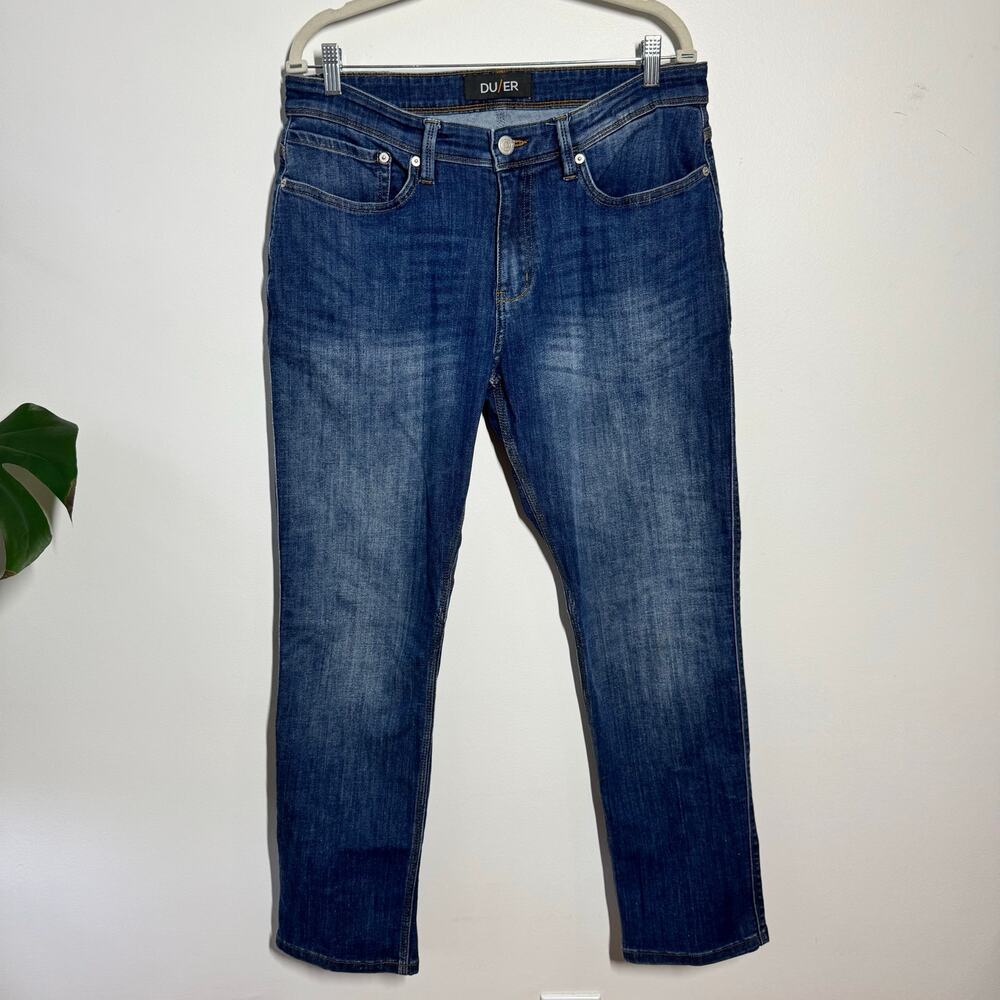 DUER L2X Relaxed Taper Denim Jeans Men 33/30 Blue Dark Wash Cotton Casual